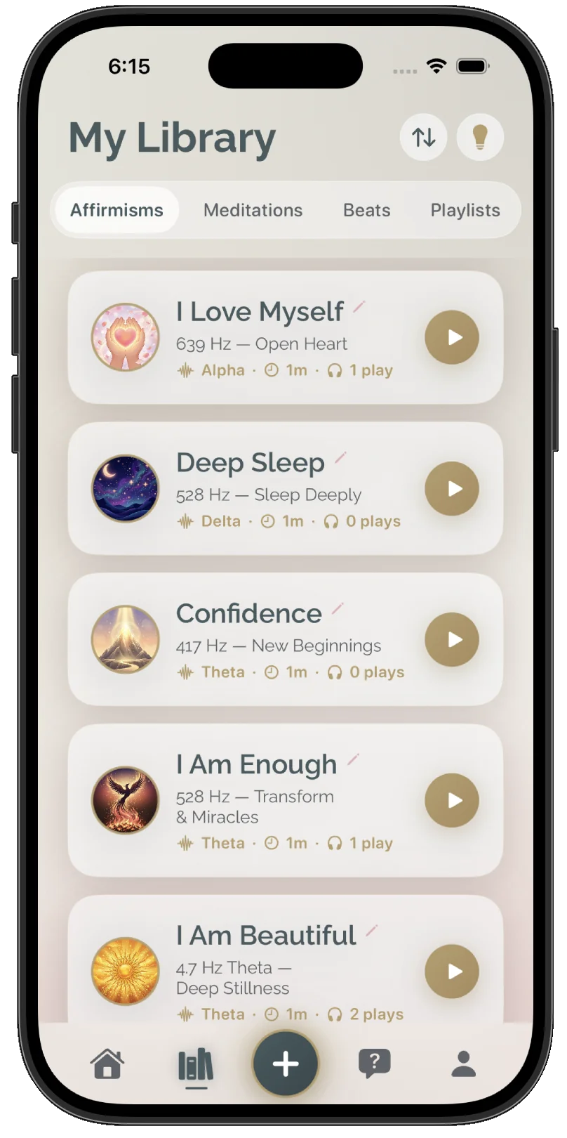 My Library screen with affirmisms and meditations