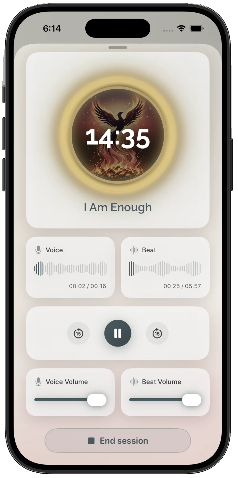 Affirmism session screen with dual volume controls