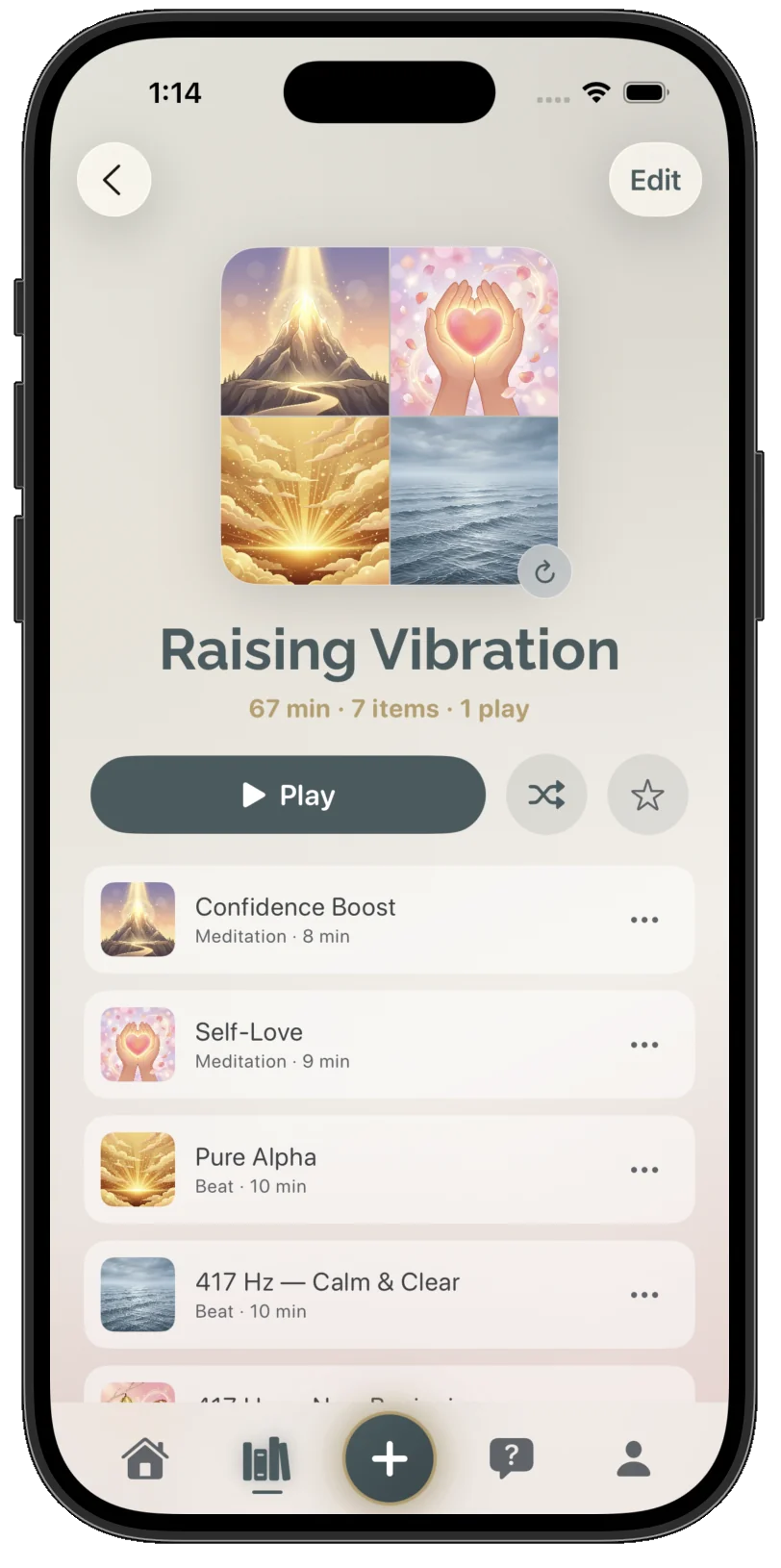 Playlists screen with Raising Vibration and Bedtime Calm